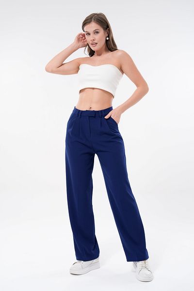 lovebox Women's Modern Palazzo Cut Wide Leg Navy Blue Fabric Trousers 002