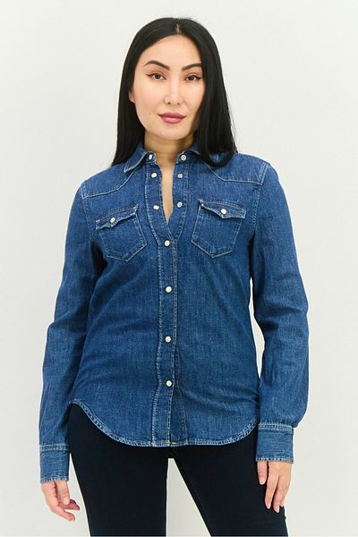 Gant Women Spread Collar Long Sleeves Washed Shirt, Blue