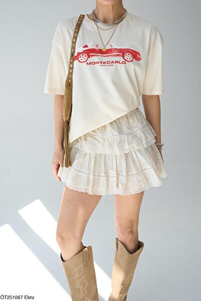 Qu Style MONTECARLO DESENLİ T-SHIRT EKRU