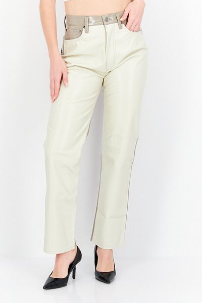 Agolde Women Regular Fit Two Toned Straight Leg Leather Pants, Biege Combo