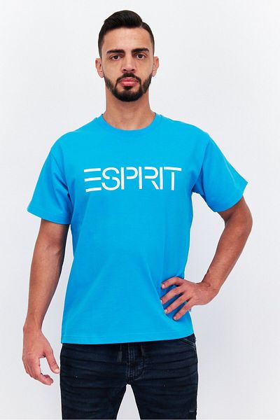 Esprit Men Crew Neck Short Sleeve Brand Logo T-shirts, Cyan Blue