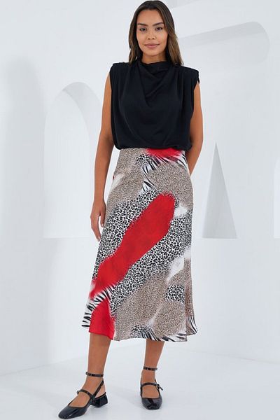 Simala Red Black Patterned Satin Skirt 15806