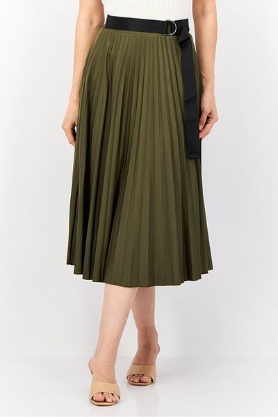 Esprit Women Pleated Midi Skirt, Olive