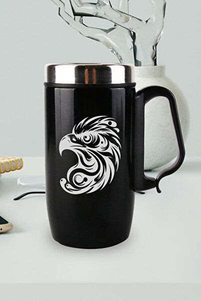 nesnelgift Siyah Çelik Kulplu Bardak Termos - İllistrasyon Kartal Motifli