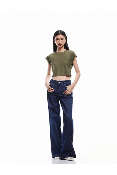 Koton Textured Cap Sleeve Crew Neck Crop T-Shirt