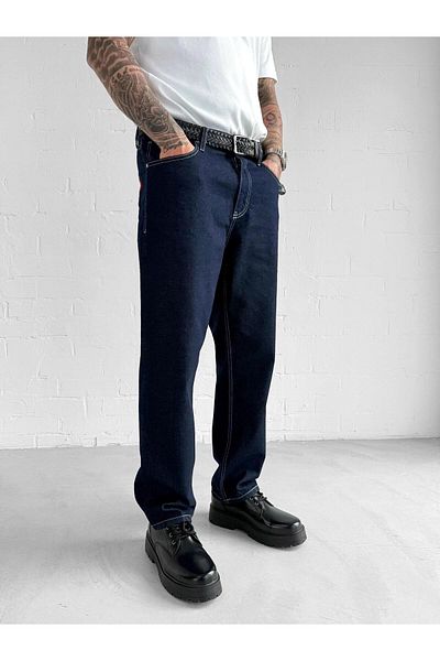 ablukaonline Men's Contrast Stitched Baggy Fit Jean Trousers Navy Blue