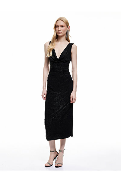 Koton Simli Degaje Yaka Sırt Detaylı Drapeli Kolsuz Midi Elbise