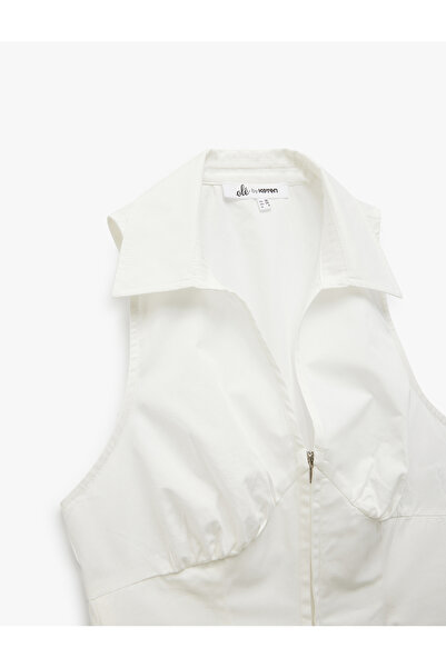 Koton Zippered Cotton Slim Fit Shirt Collar Sleeveless Crop Blouse