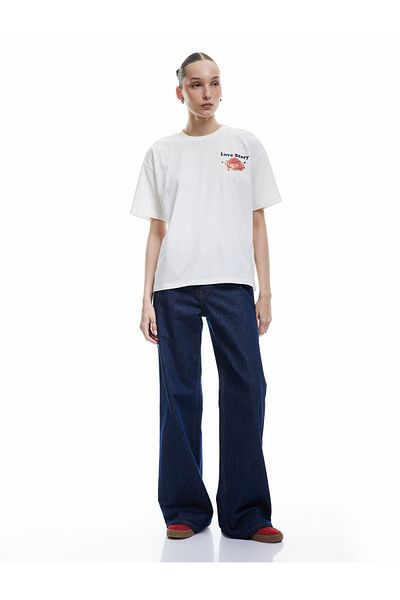 Koton Short Sleeve Crew Neck Cotton Oversize T-Shirt with Strawberry Print on the Back