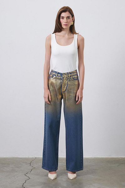 KADRİYE BAŞTÜRK Pantaloni Palazzo din denim cu imprimeu strălucitor, detalii aurii