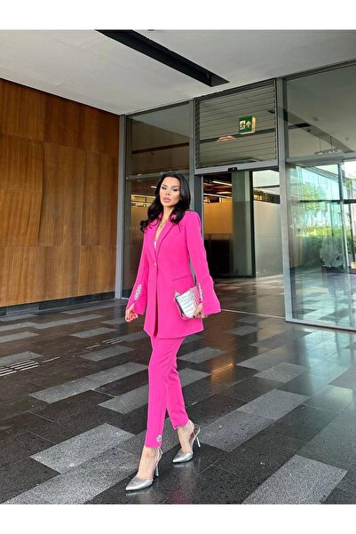 BARG FASHION Kadin Taş Detaylı Blazer Ceket Pantolon Takım Elbise