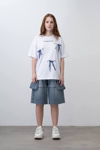 Generic Brand 09-14 Years Old Girl Bow Detail T-Shirt - White-Blue
