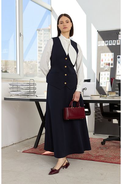 Fatma Atasoy Double Navy Blue Midi Vest