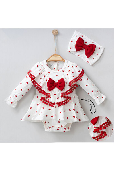 Pure Kids Store Organik Pamuklu Kalpli Güpürlü Saç Bantlı Romper 2 li Takım 23 Nisan Koleksiyonu