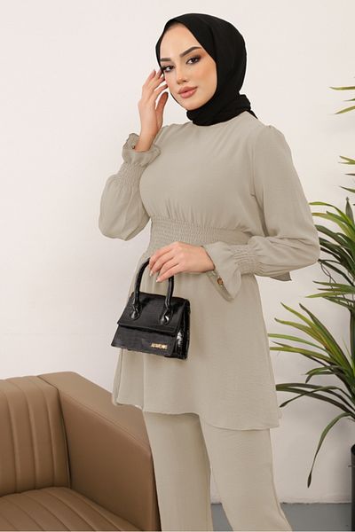 Bestenur Gipeli Tunic Παντελόνι Hijab Σετ δύο τεμαχίων 218 - Μπεζ