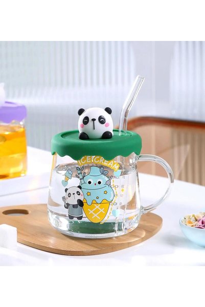 Gift Moda Renkli Hayvan Figürlü Silikon Kapaklı Pipetli Cam Kupa