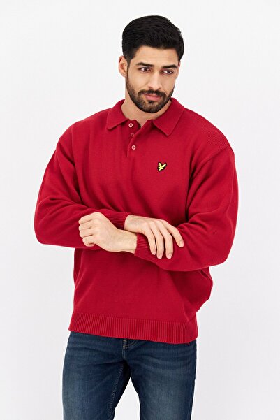 Lyle & Scott قميص بولو رجالي مطبوع بأكمام طويلة وقصّة عادية، أحمر