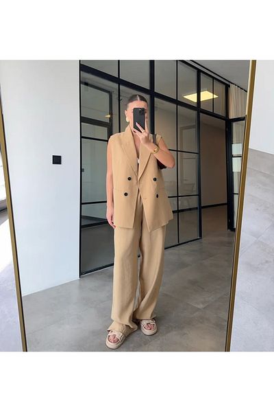 My Blog Mustard Black Buttoned Vest Trousers Suit - 9568