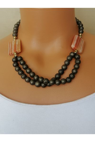 LemaStone Natural Stone Necklace; Designed with 8mm Pyrite ,Aa Quality Agate and Hematite Stone.