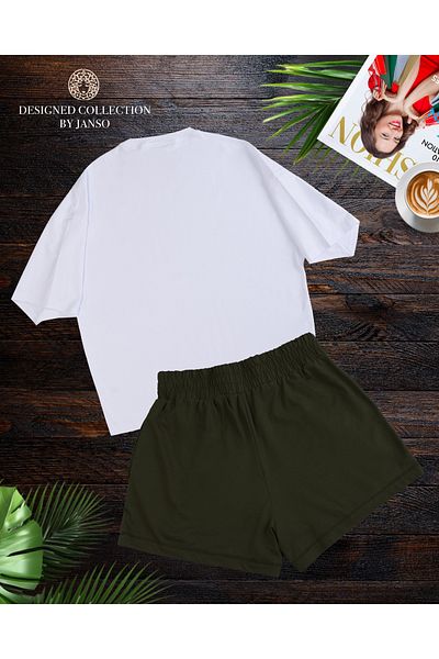 JANSO GROUP Women's Short Sleeve Mu5 Printed Tshirt-Shorts Set 2Li̇ Cotton Large Size Oversi̇Ze