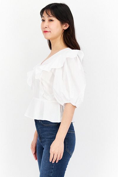Miss Selfridge Women Petite V Neck 3/4 Sleeve Ruffle Poplin Top, White