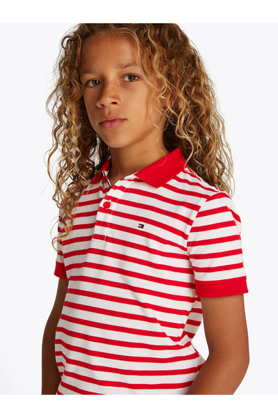 Tommy Hilfiger Boys Primary Red White Breton Stripe Flag Regular Polo T-Shirt