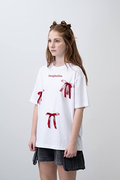 LOCO 09-14 GODINA STARA DEVOJČICA MAŠNA DETALJNA T T-shirt - BELO-CRVENA