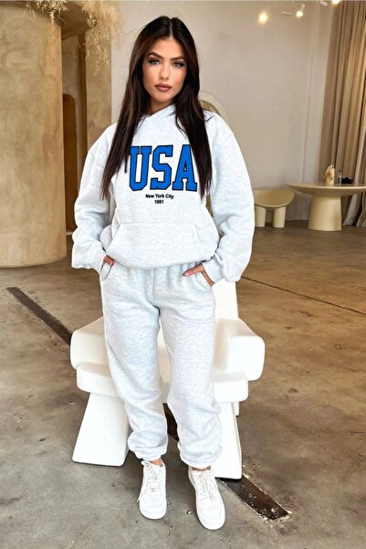 DUBU BUTİK Usa Eşofman Takımı Sweatshirt Jogger - Gri Baskılı Oversize Şardonlu Kapüşonlu