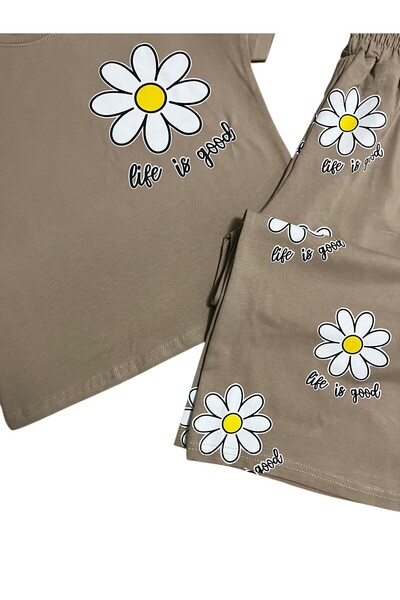 Pijamakids Κοριτσίστικο σετ φόρμας 100% βαμβακερό μπεζ χρώματος με λουλουδάτο σχέδιο μαργαρίτας, κοντό μανίκι, φαρδύ πόδι, εποχικό σετ φόρμας