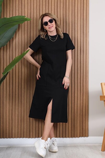 MİSLİNA BUTİK Cep Detay Siyah Elbise