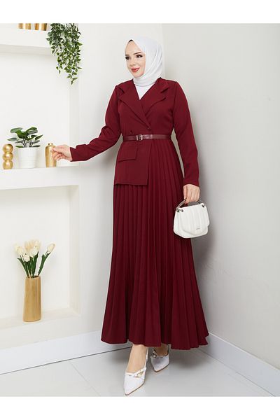 Moda Krash Belt Gift Double Dress with Pleated Detail