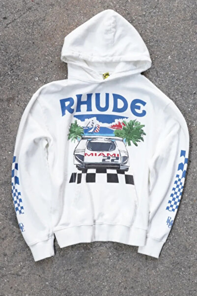 Overdrive Miami Racing Unisex Hoodie Off White Uzun Kollu Kapşonlu Sweatshirt