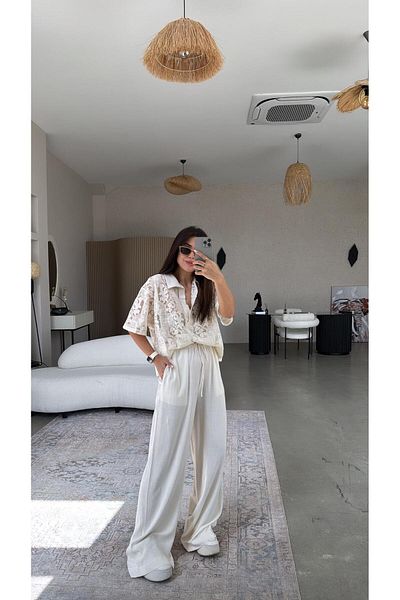 Buket Teke Pantaloni Ecru din in natural