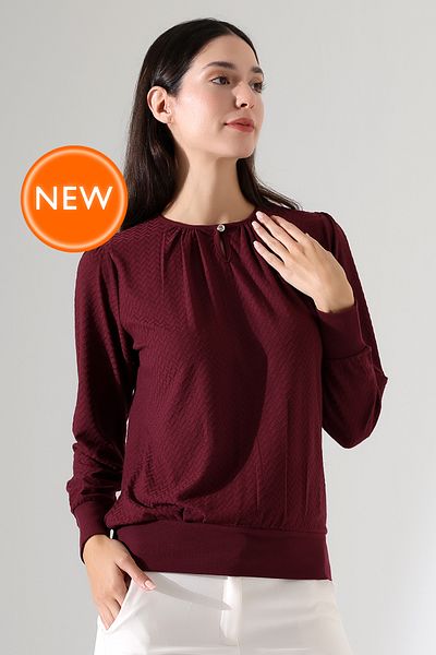 Şiir Harare Burgundy Jacquard - Ελαστική χτενισμένη βαμβακερή λαιμόκοψη και μακρυμάνικη μπλούζα με κορδόνι για γυναίκες & μπλούζα Hijab