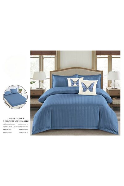 OEM Double bed linen set, 6 pieces, plain damask finet, blue, DFC-010, 1 cm stripes, 230x250 cm