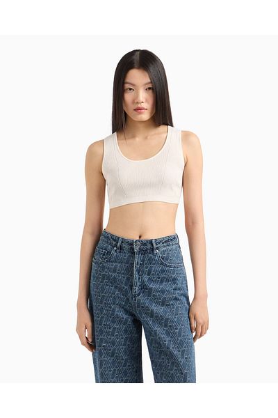 Armani Exchange المرأة محبوكة مفتوحة جولة الرقبة ضيقة تناسب المحاصيل Ecru بوستير XW 000577   AF12740-U1003