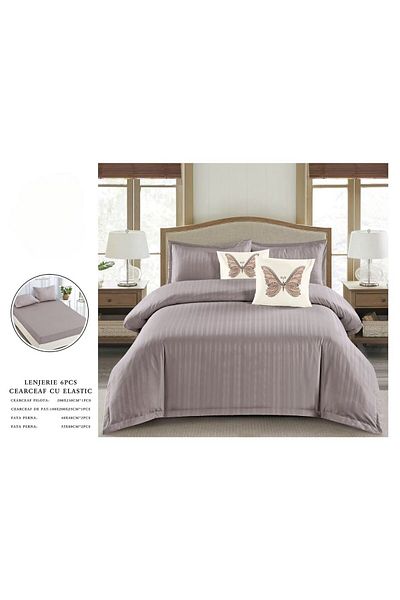 OEM Double bed linen set, 6 pieces, plain damask, ash grey, DFC-016, 1 cm stripes, 230x250 cm