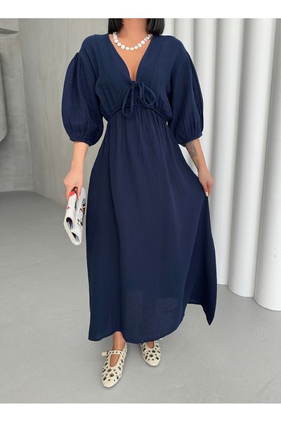 BEJNA Marineblaues Damen-Sommerkleid aus Musselin mit V-Ausschnitt und Schnürung