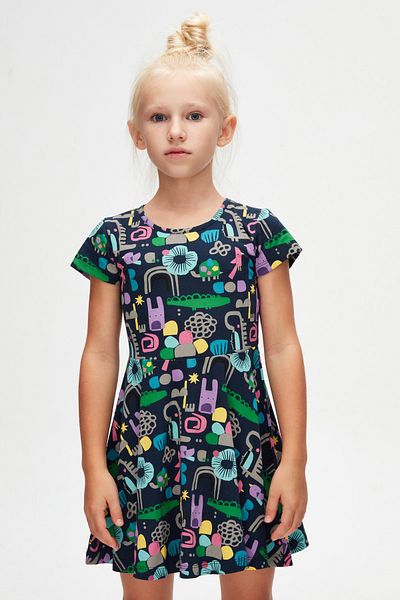 LOVETTI Girl's Patterned Animal Cutouts Short Sleeve Dress