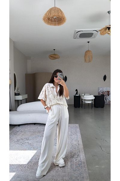 Buket Teke Pantaloni Ecru din in natural