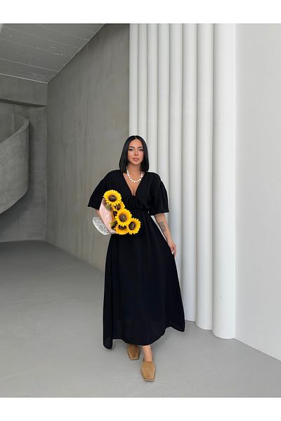 BEJNA Schwarzes Damen-Sommerkleid aus Musselin mit V-Ausschnitt und Schnürung