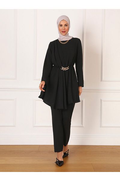 Refka Black Aerobin Fabric Chain Detailed Tunic and Trousers Set