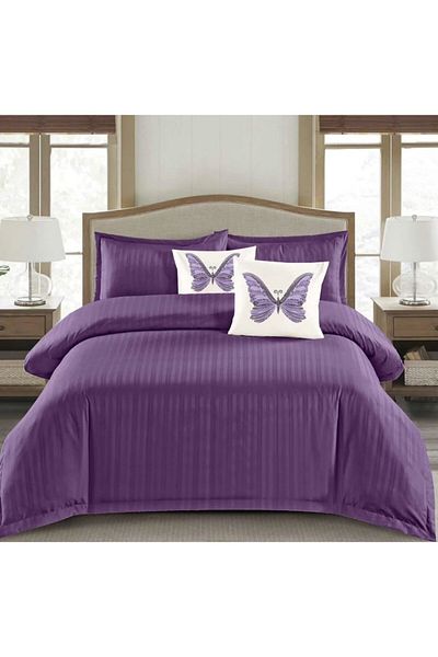 OEM Double bed linen set, 6 pieces, fine damask plain, purple, DFC-011, 1 cm stripes, 230x250 cm