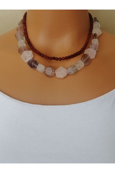 LemaStone Fluorite Natural Stone,Pink Quartz,Cat's Eye and Crystal Quartz Aa Quality Necklace and Earrings Set
