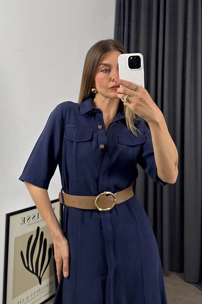 Sue Store Μπλε Navy κοντομάνικο φόρεμα Midi μήκους
