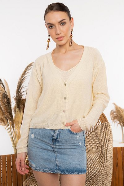 AQE FASHION Ζακέτα εποχιακής κρέμας με 4 κουμπιά V λαιμόκοψη