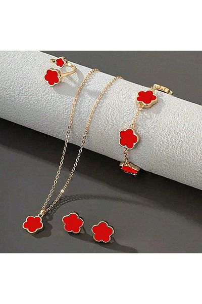 Choice H685-rd Lucky Five-petal Flower Five-leaf Clover Bracelet Earrings Necklace Three-piece Set For Woma