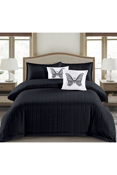 OEM Double bed linen set, 6 pieces, plain damask finery, black, DFC-002, 1 cm stripes, 230x250 cm