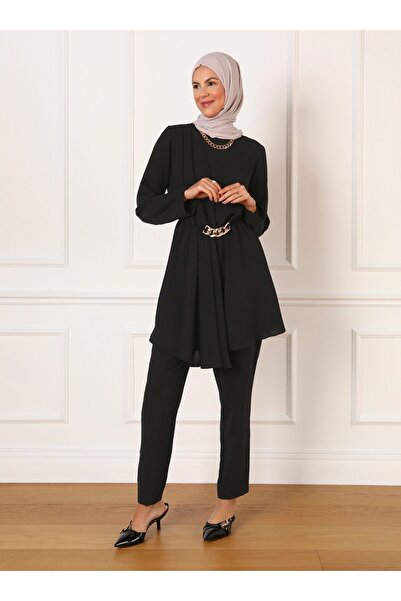 Refka Black Aerobin Fabric Chain Detailed Tunic and Trousers Set