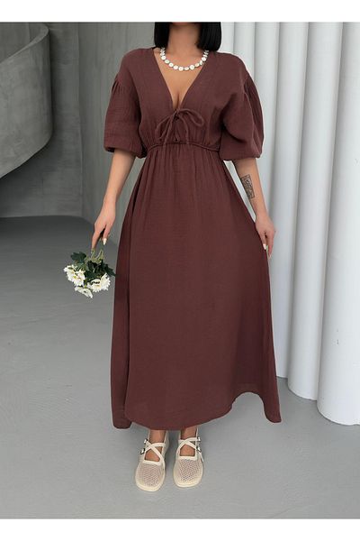 BEJNA Braunes Damen-Sommerkleid aus Musselin mit V-Ausschnitt und Schnürung